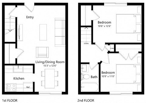 Floor plan for 2 beds, 1 bath, 836 sqft